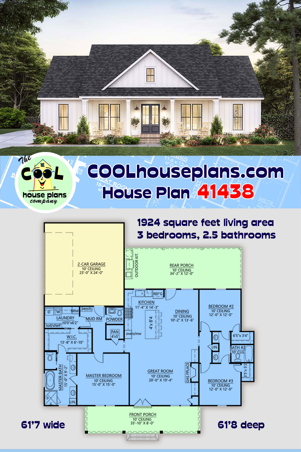 House Plan 41438 Farmhouse Style With 1924 Sq Ft 3 Bed 2 Bath