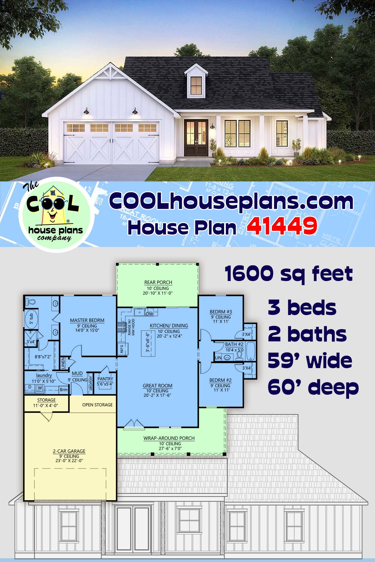 House Plan 41449 Ranch Style With 1600 Sq Ft 3 Bed 2 Bath 1430