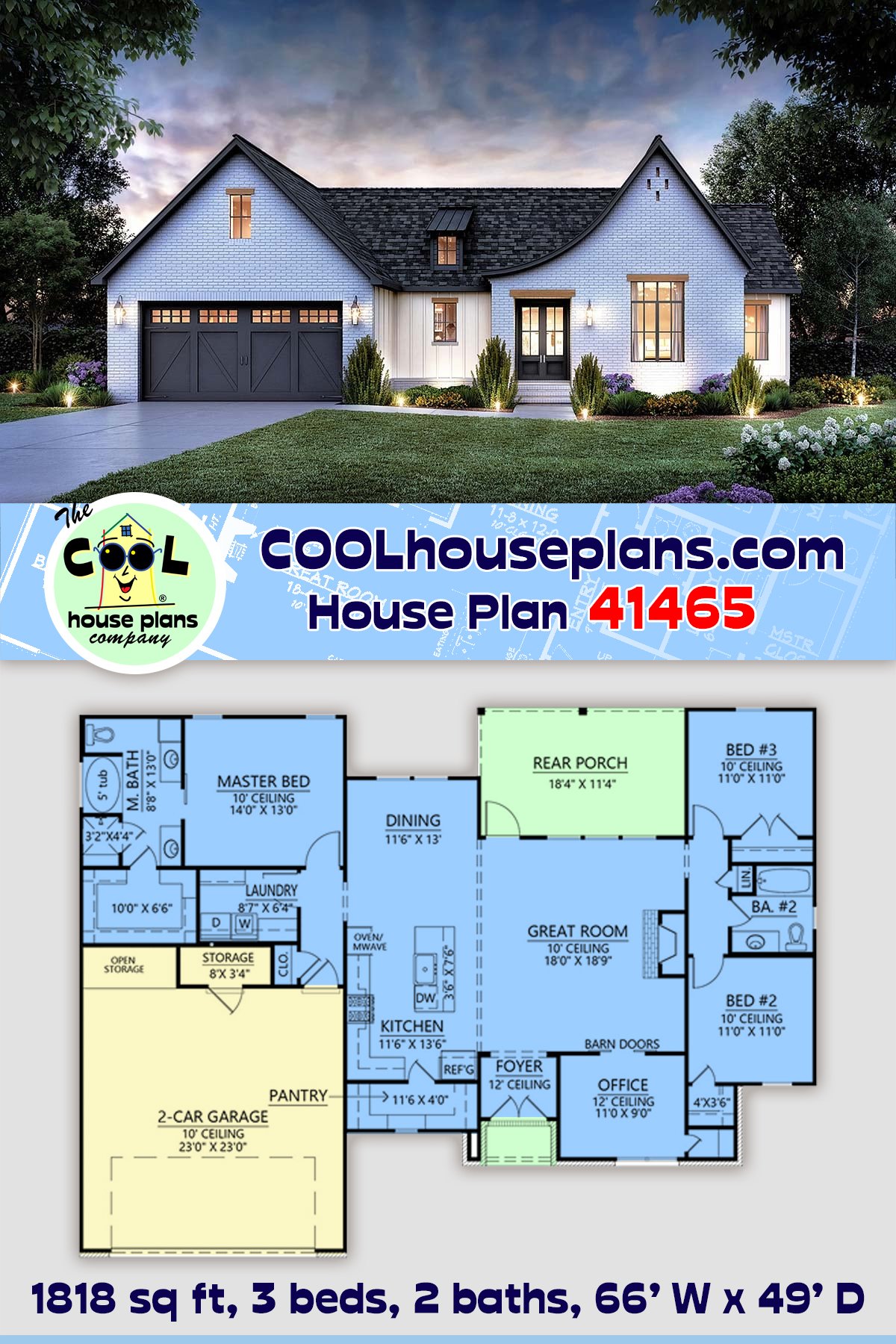 House Plan 41465 - Ranch Style with 1818 Sq Ft, 3 Bed, 2 Bath