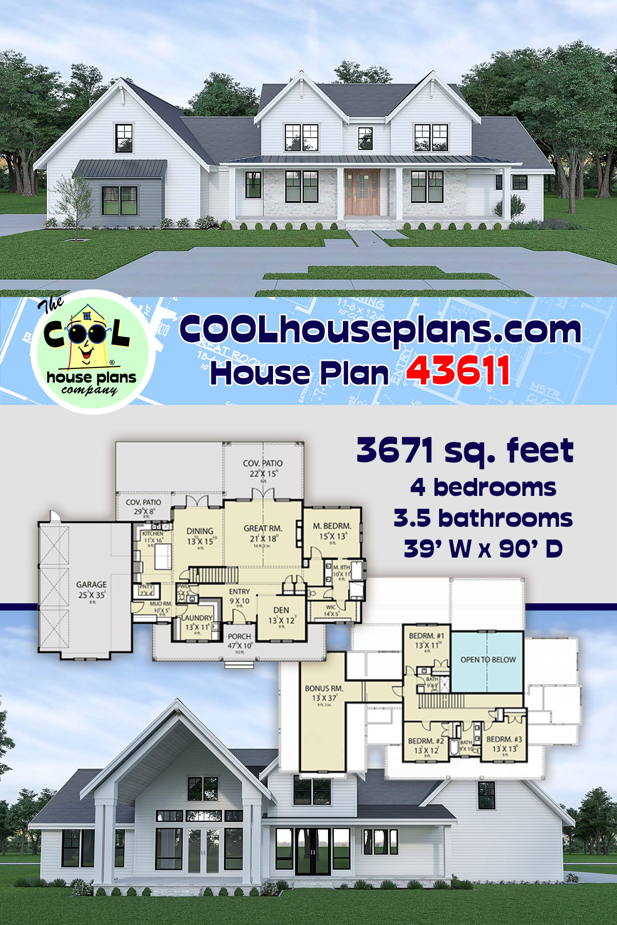 House Plan 43611 - Farmhouse Style with 3671 Sq Ft, 4 Bed, 3 Bath