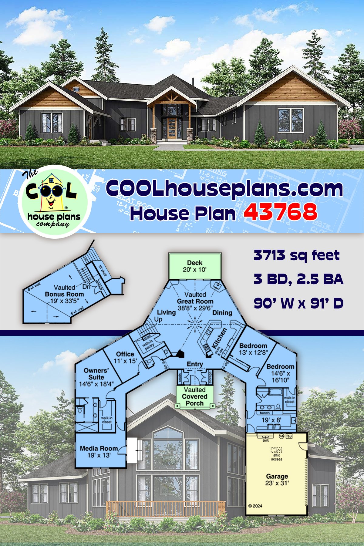 House Plan 43768 - Ranch Style with 3713 Sq Ft, 3 Bed, 2 Bath, 1