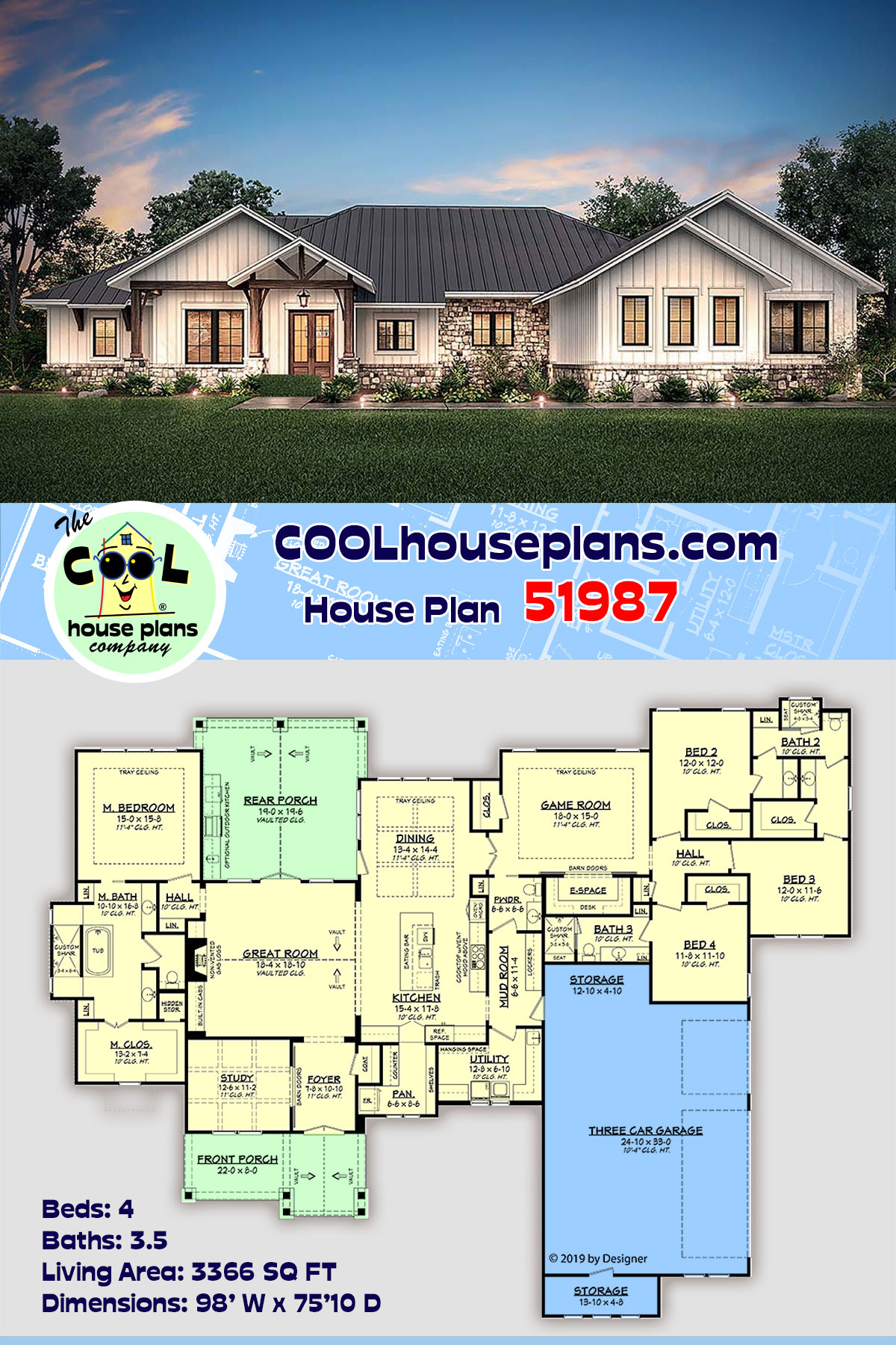 House Plan 51987 Ranch Style With 3366 Sq Ft 4 Bed 3 Bath 1