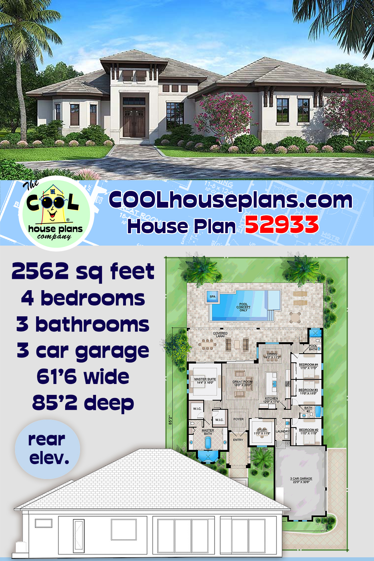 Coastal, Florida, Mediterranean House Plan 52933 with 4 Beds, 3 Baths, 3 Car Garage
