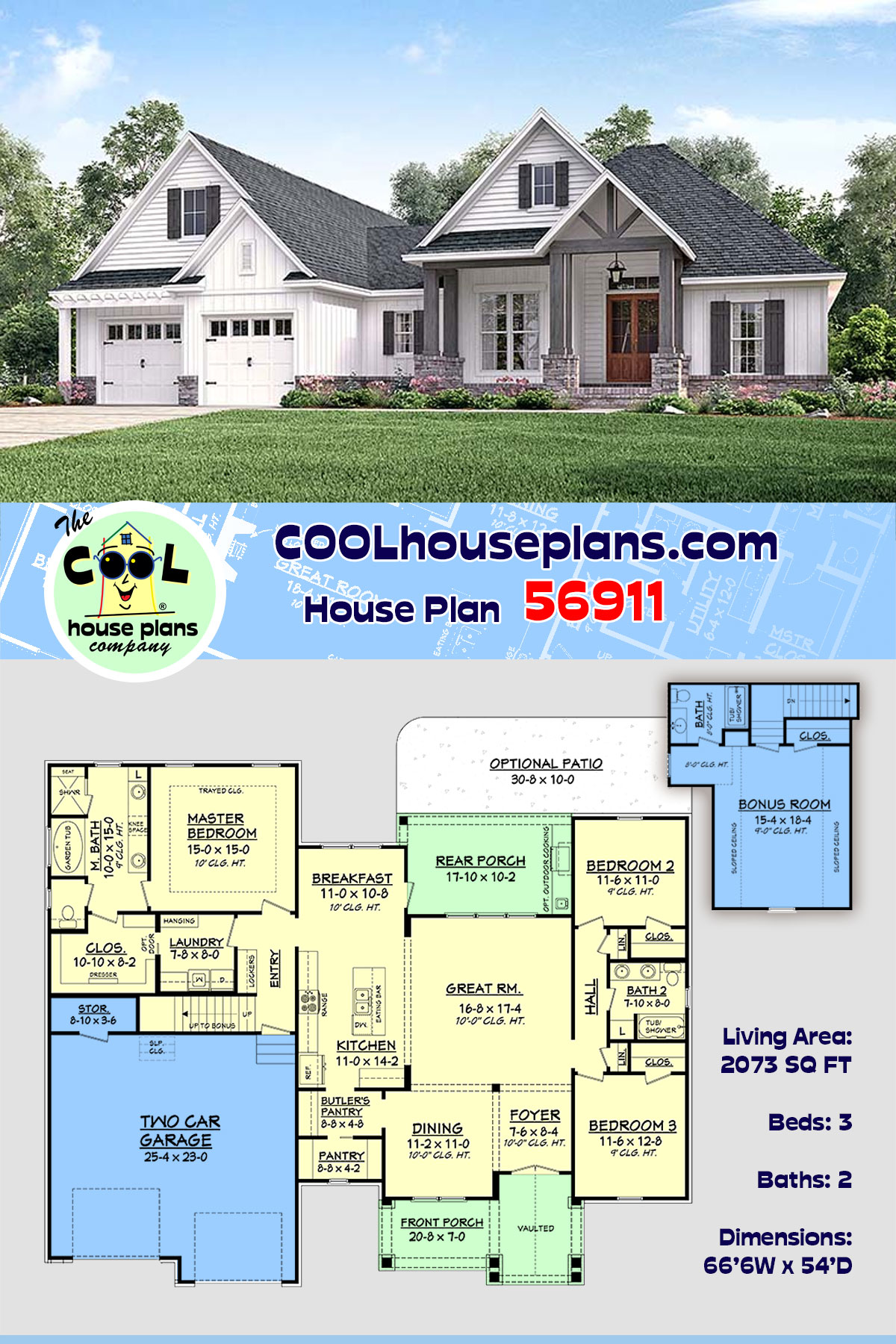 House Plan 56911 - Traditional Style with 2073 Sq Ft, 3 Bed, 2 Ba