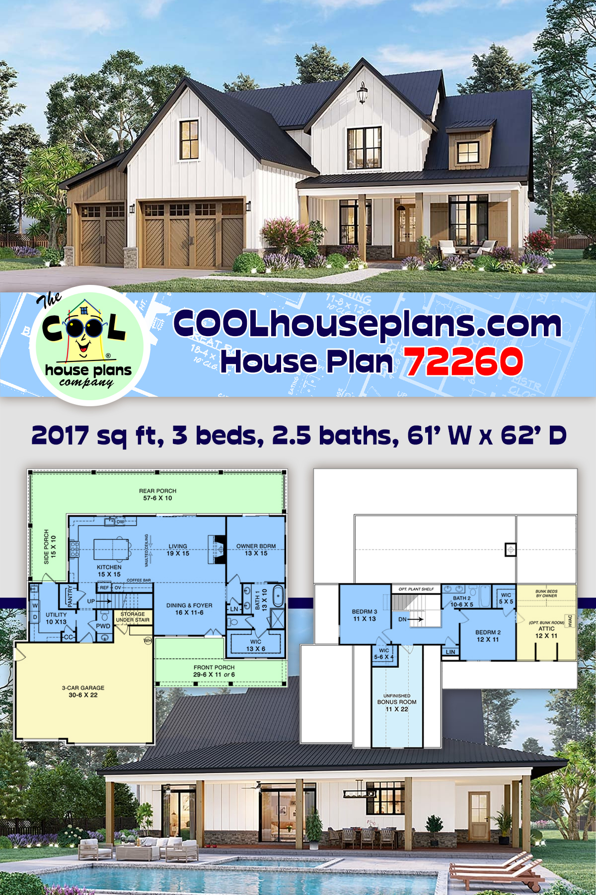 House Plan 72260 - Southern Style with 2017 Sq Ft, 3 Bed, 2 Bath,