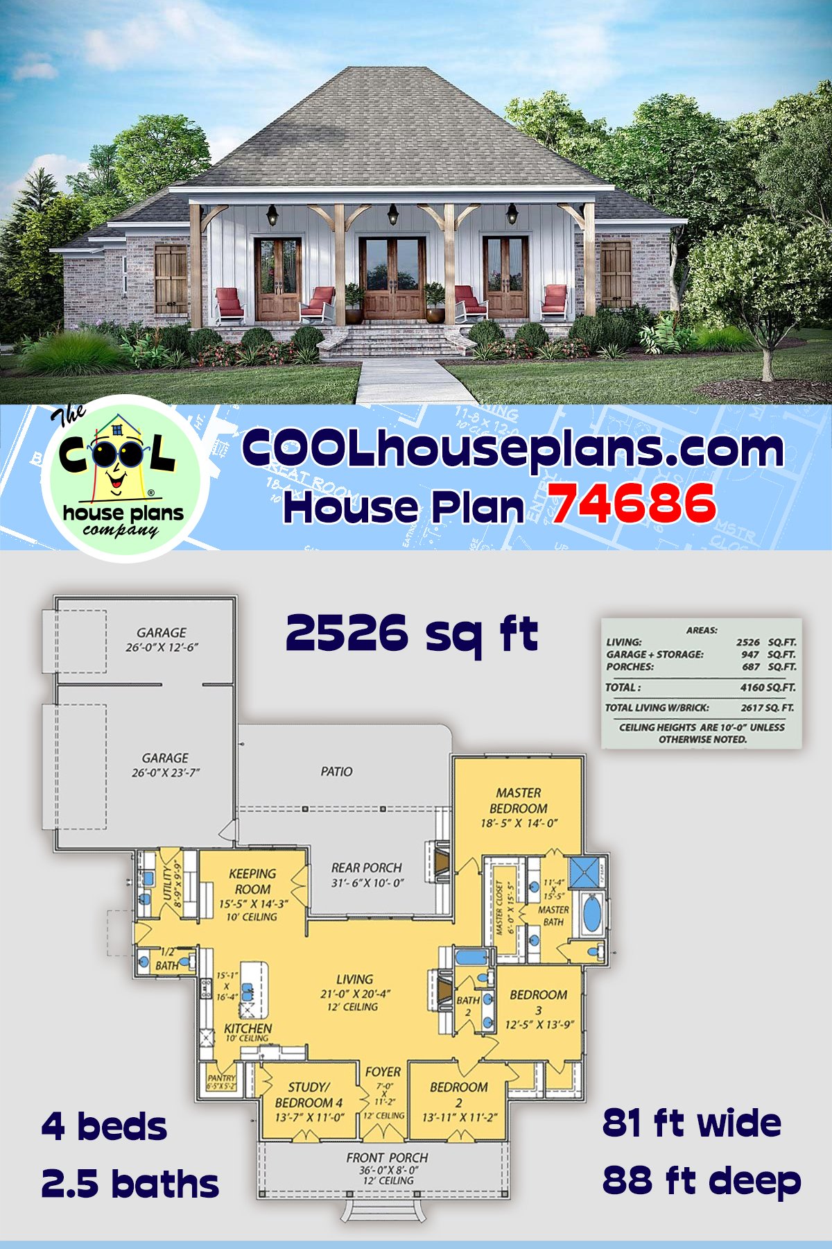 House Plan 74686 - Traditional Style with 2526 Sq Ft, 4 Bed, 2 Ba