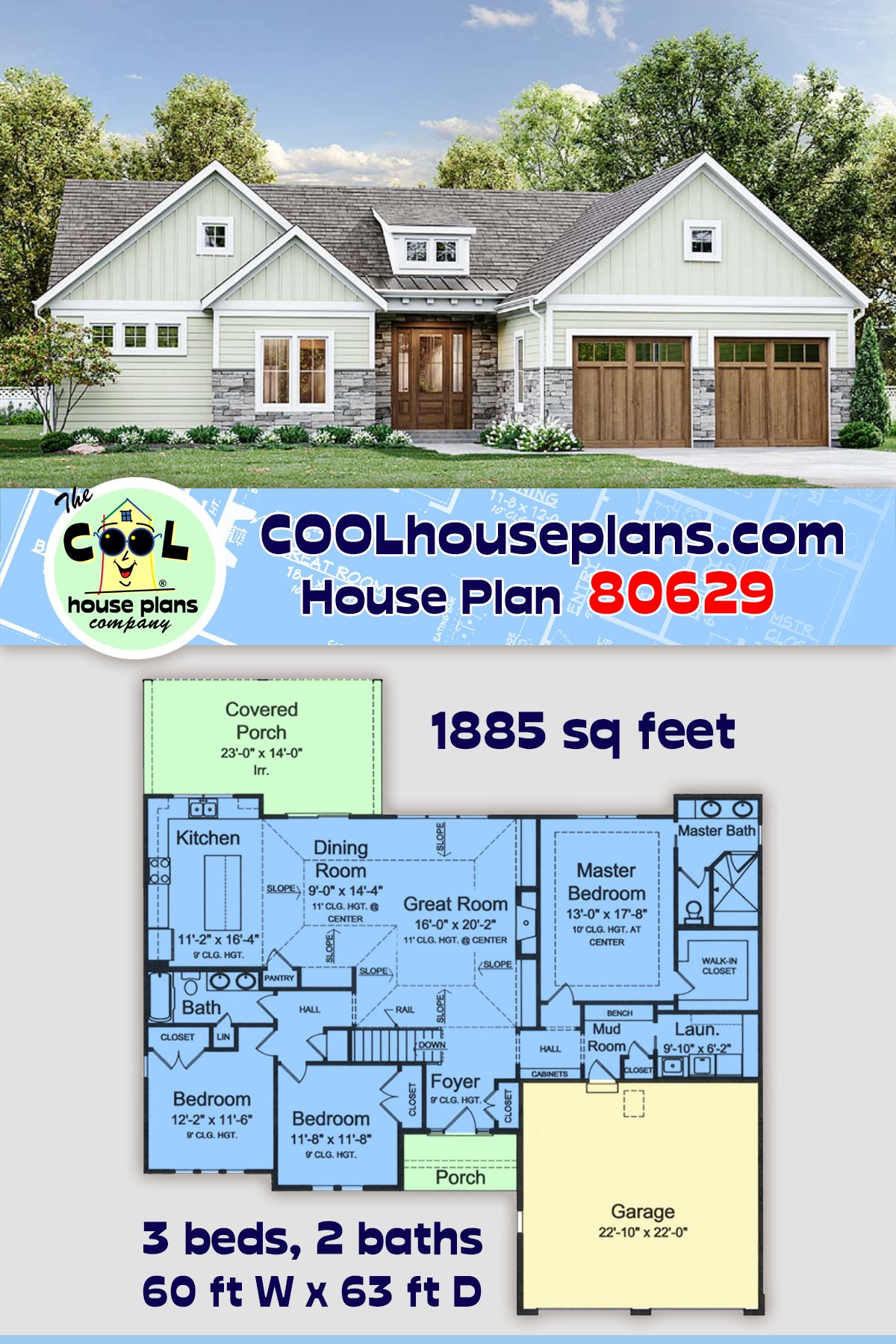 House Plan 80629 - Traditional Style with 1885 Sq Ft, 3 Bed, 2 Ba