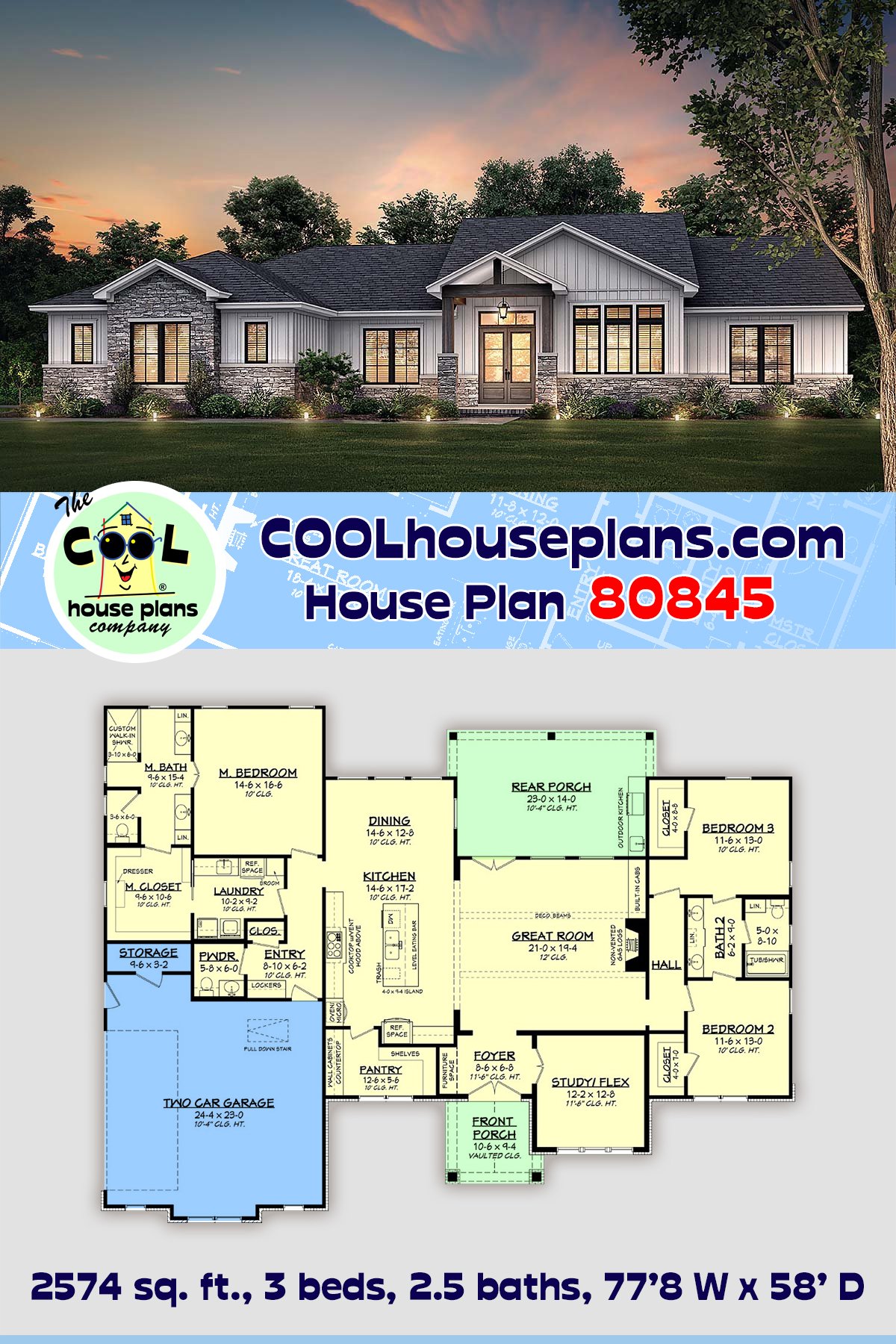 House Plan 80845 - Ranch Style with 2574 Sq Ft, 3 Bed, 2 Bath, 1