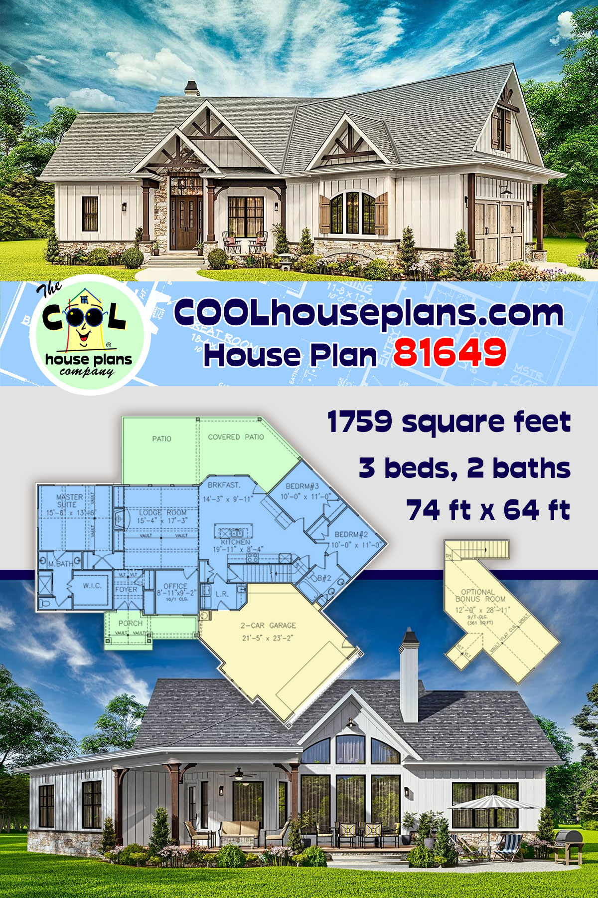 House Plan 81649 - Ranch Style with 1759 Sq Ft, 3 Bed, 2 Bath