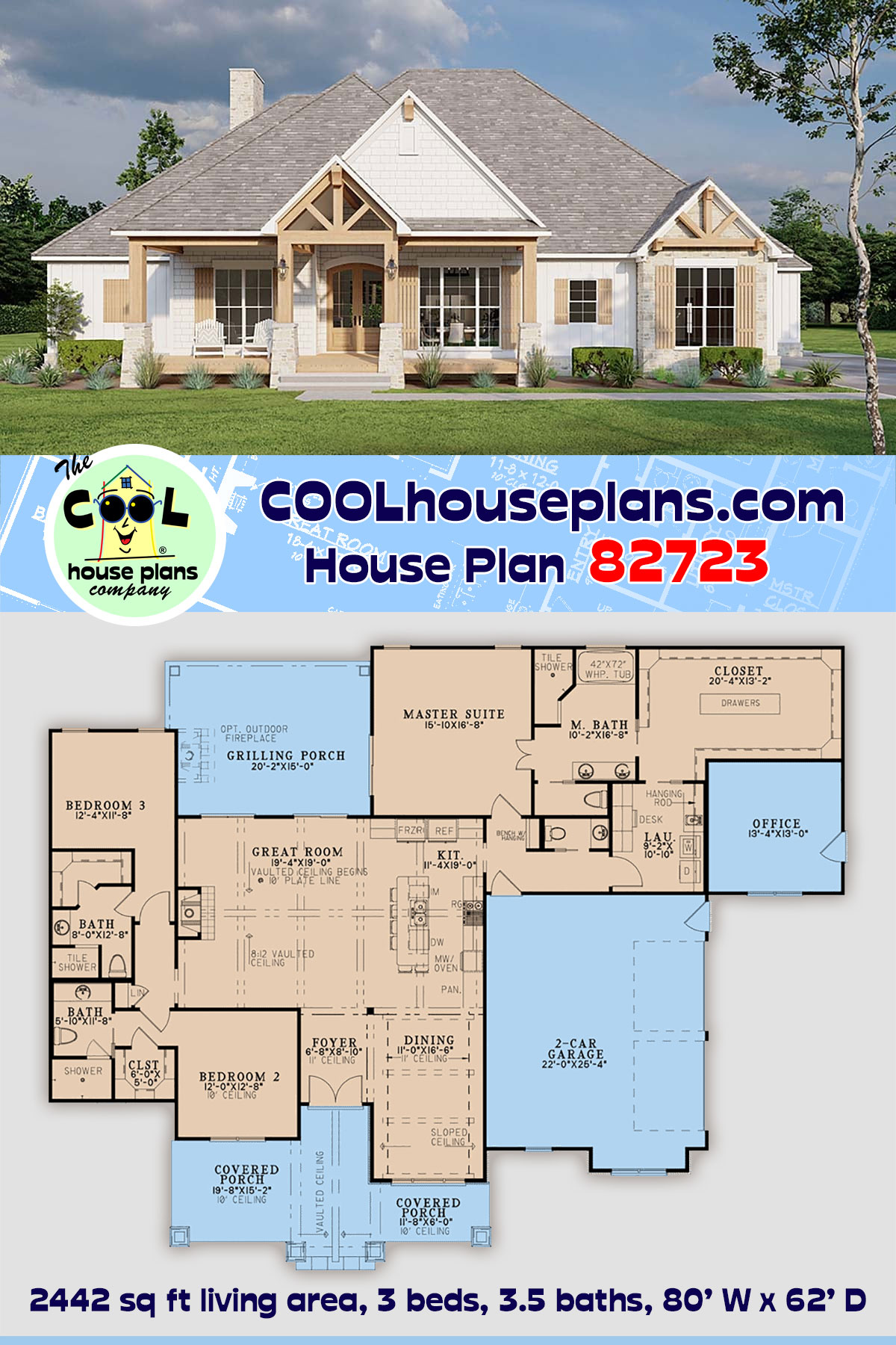 House Plan 82723 - Traditional Style with 2442 Sq Ft, 3 Bed, 3 Ba