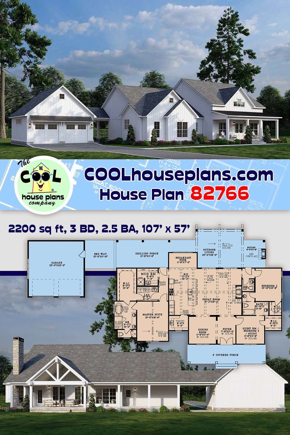 House Plan 82766 - Farmhouse Style with 2200 Sq Ft, 3 Bed, 2 Bath