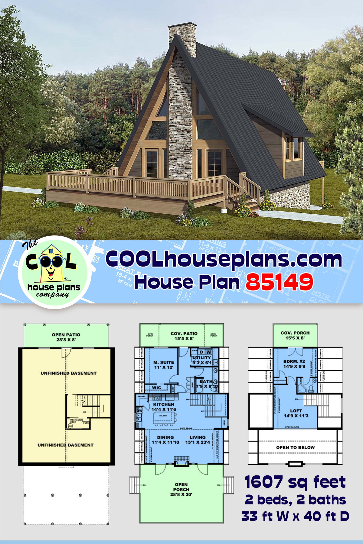 House Plan 85149 - A-Frame Style with 1607 Sq Ft, 2 Bed, 2 Bath